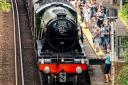 Spectators crowd around the Flying Scotsman during its brief stop at Swanwick station
