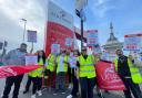 Red Funnel employees protesting outside the terminal on Wednesday morning