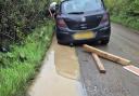 New driver Suzanne Onslow was left shaken up after her Corsa, pictured,  got stuck in a '8 inch' pothole in Burnetts Lane, Hampshire
