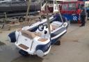 *PICTURE FREE TO USE FOR DURATION OF COURT CASE*..Pictured:  FLASHBACK:  A water-jet powered RIB is lifted out of the water at Cowes Yacht Haven revealing damage...A wealthy telecoms businessman killed one of his best friends 
