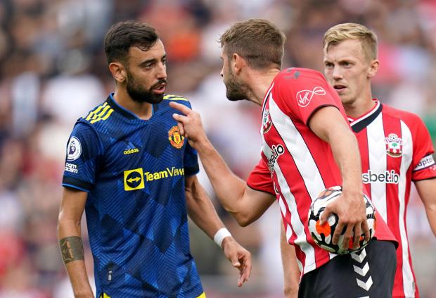 Daily Echo: The defender was snapped giving Manchester United's Bruno Fernandes a reprimanding (Pic: PA)