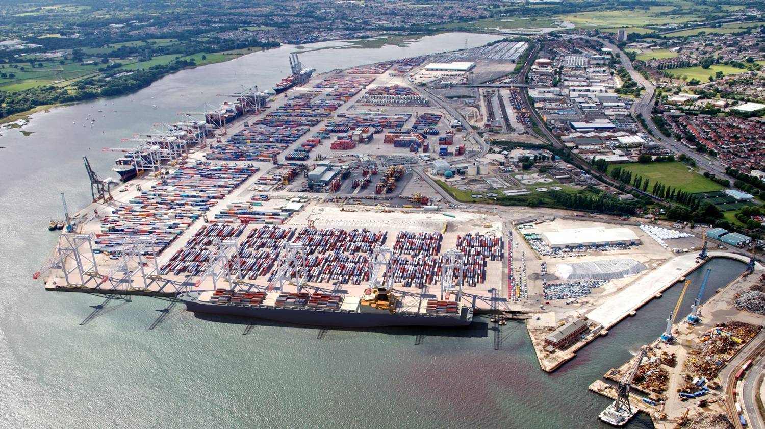 Aerial view of the King George V Dry Dock, Pumping Station and Container Port.