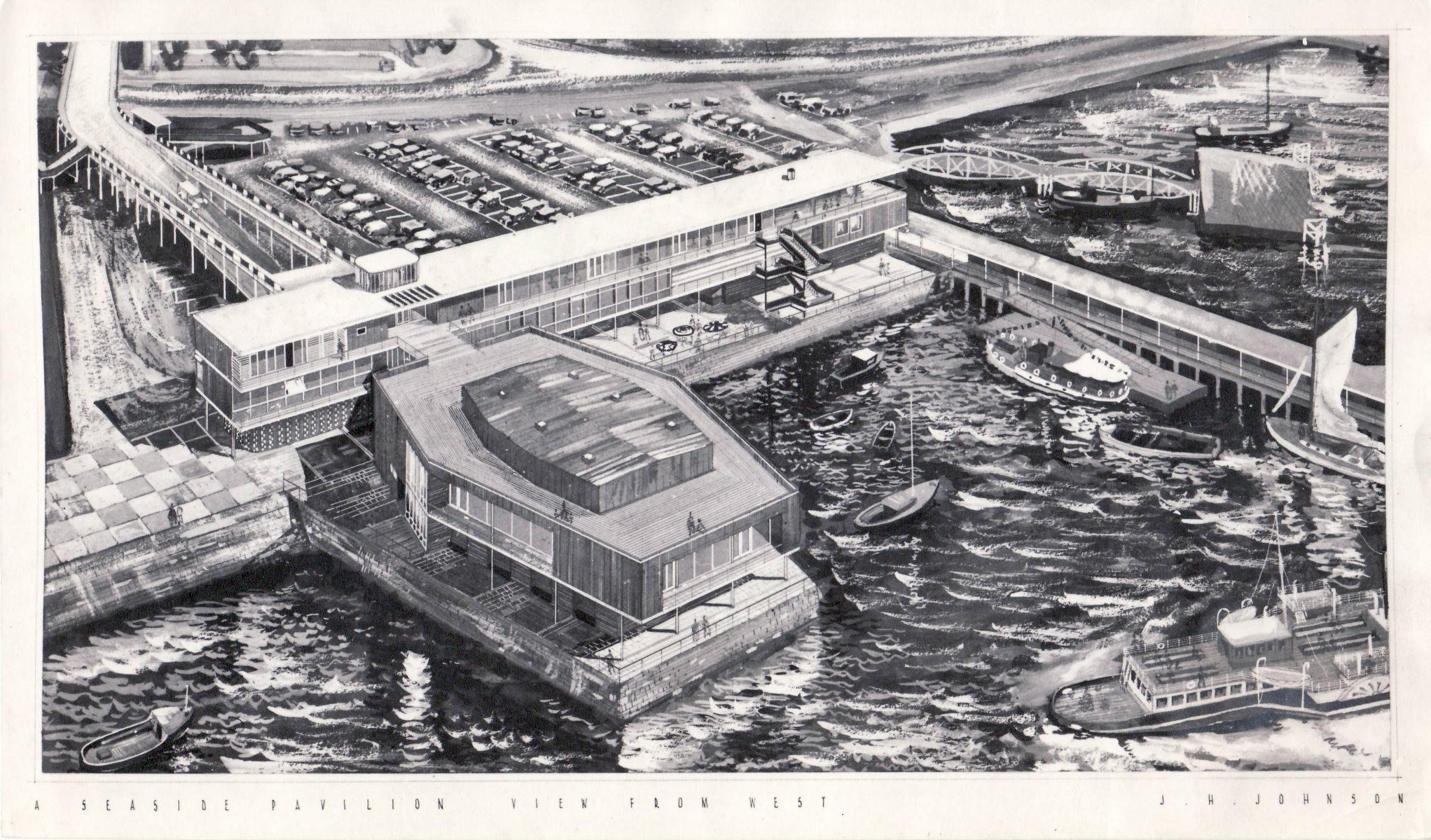 artist impression of mayflower park and royal pier area from the 1950s for a proposed development called A Seaside Pavillion