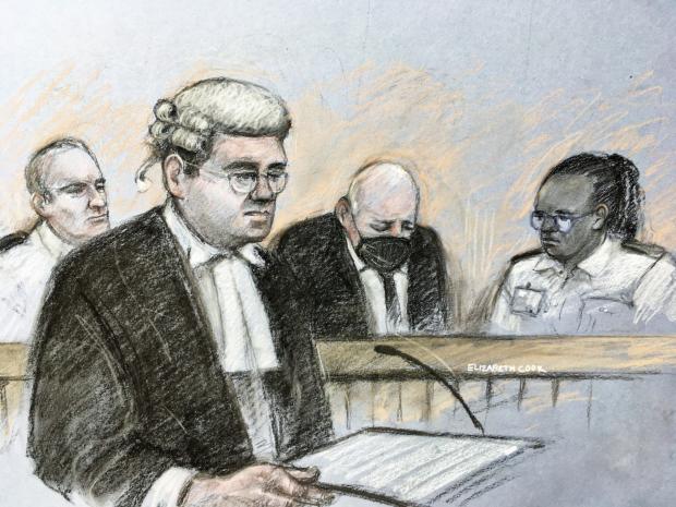 Daily Echo: Court artist sketch by Elizabeth Cook of prosecutor Tom Little QC speaking as former Metropolitan Police officer Wayne Couzens, 48, sits in the dock at the Old Bailey. (PA)