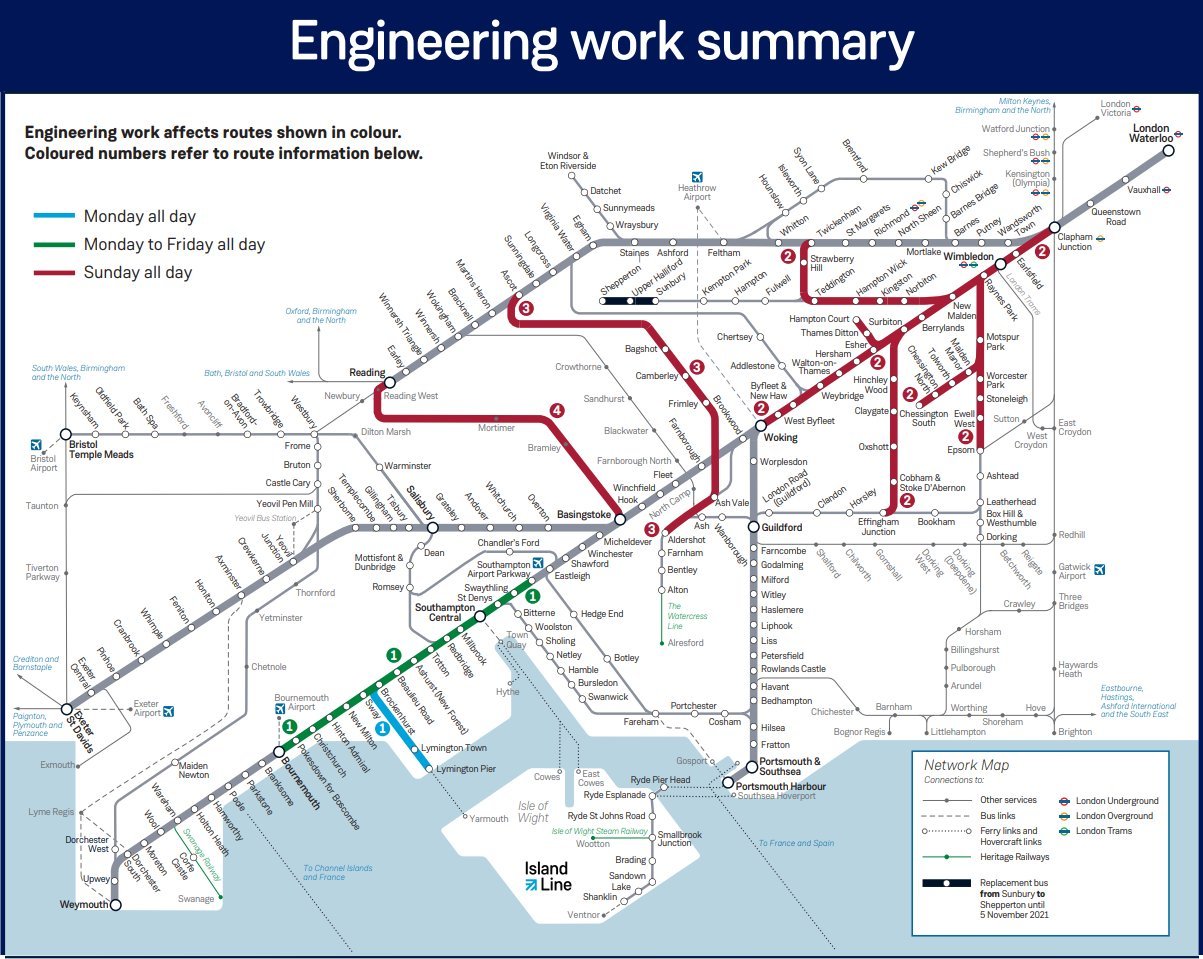 The South Western Railway map of planned works this weekend