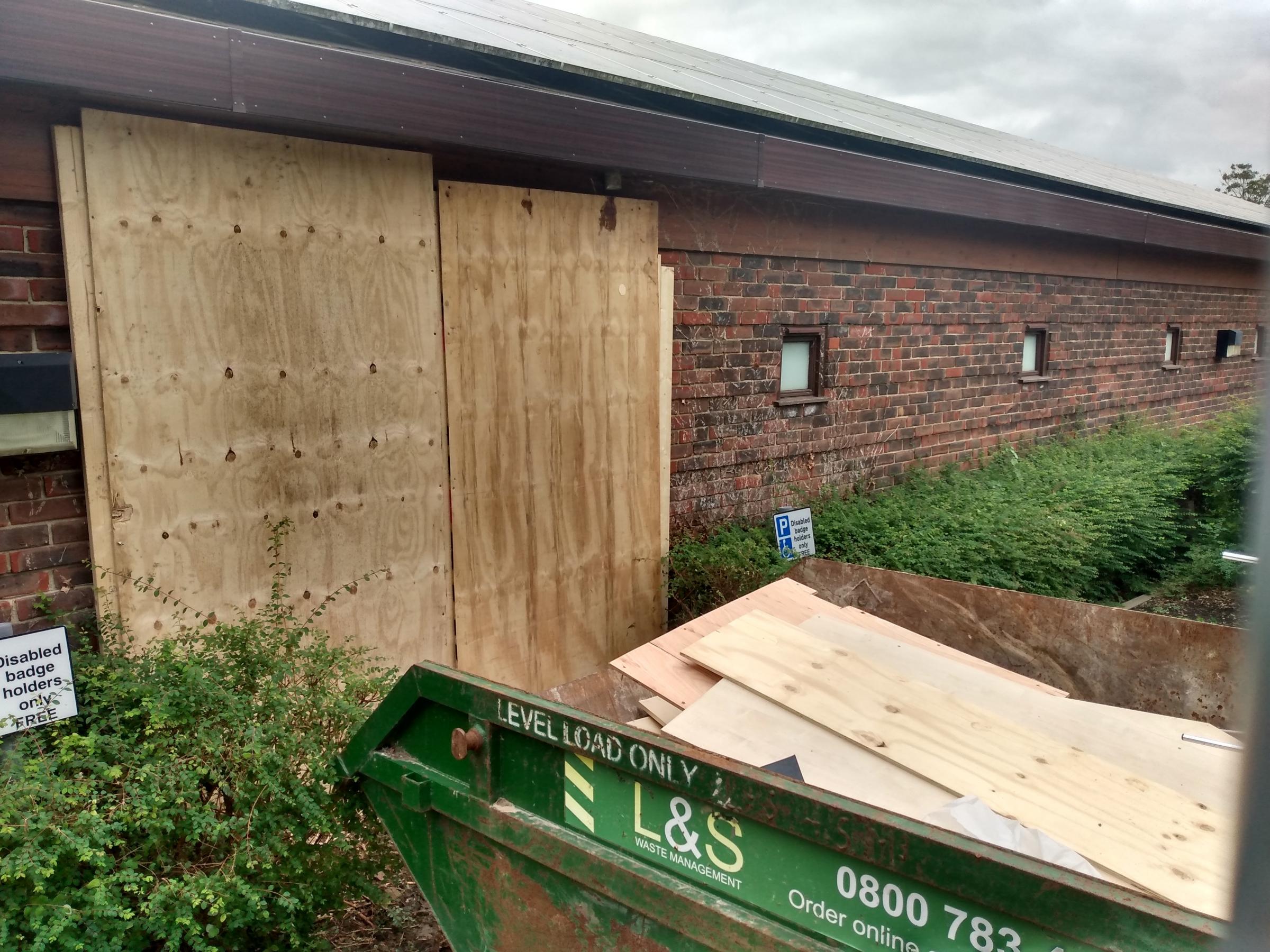 The hole in the back of Hythe library was boarded up after the crash.