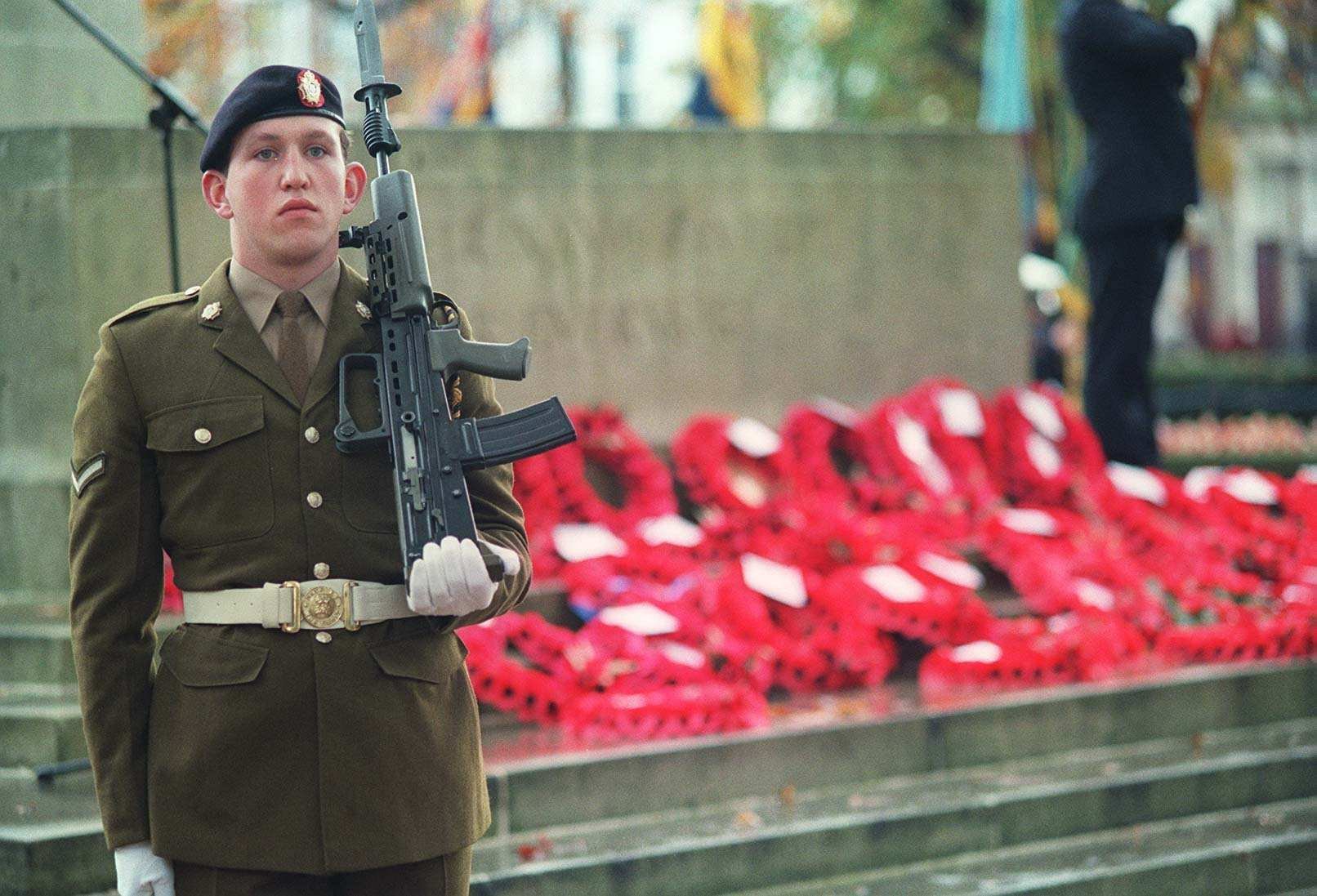 A Sentinel (?) stands guard during the Remembrance Day Service in Southampton.