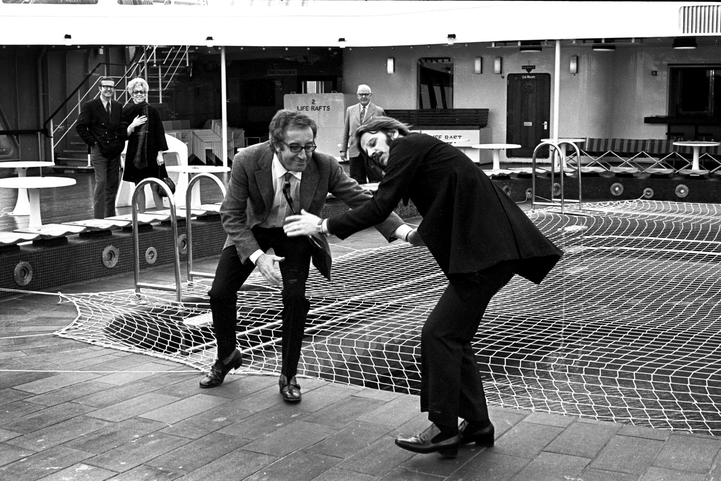 Peter Sellers and Ringo Starr aboard the QE2. 16th May 1969. THE SOUTHERN DAILY ECHO ARCHIVES - HAMPSHIRE HERITAGE SUPPLEMENT. Ref - 2259E