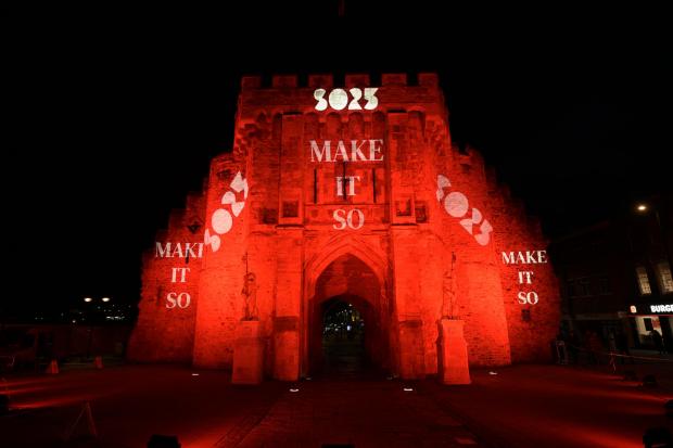 Daily Echo: The lights of Southampton’s historic Bargate are switched on as the city’s bid for UK City of Culture 2025 is submitted. Anthony Upton _ PA Wire