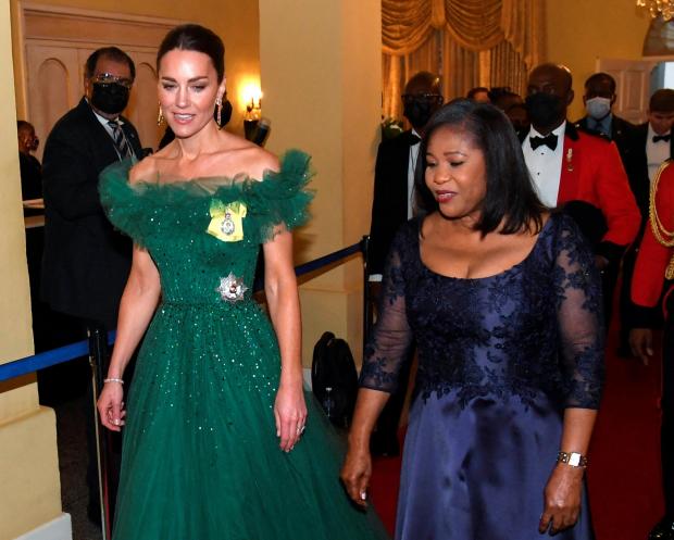 Daily Echo: Patricia Allen (right), wife of Patrick Allen, Governor General of Jamaica, teacher and nurse, arrives with the Duchess of Cambridge for a dinner hosted by her husband at King's House, Kingston, Jamaica, on day five of the royal tour of the Caribbean. (PA)