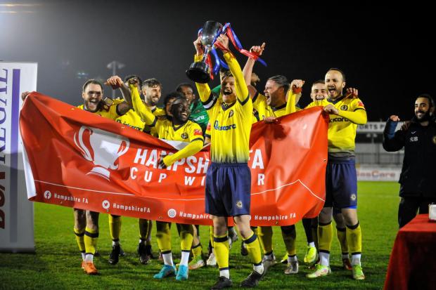 Farnborough celebrate their eighth Hampshire Senior Cup victory (Pic: Dave Bodymore)