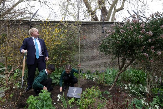 Daily Echo: Prime Minister Boris Johnson plants a tree in the garden of No10 Downing Street with school children from Sholing Junior School in Southampton. Picture by Andrew Parsons / No 10 Downing Street