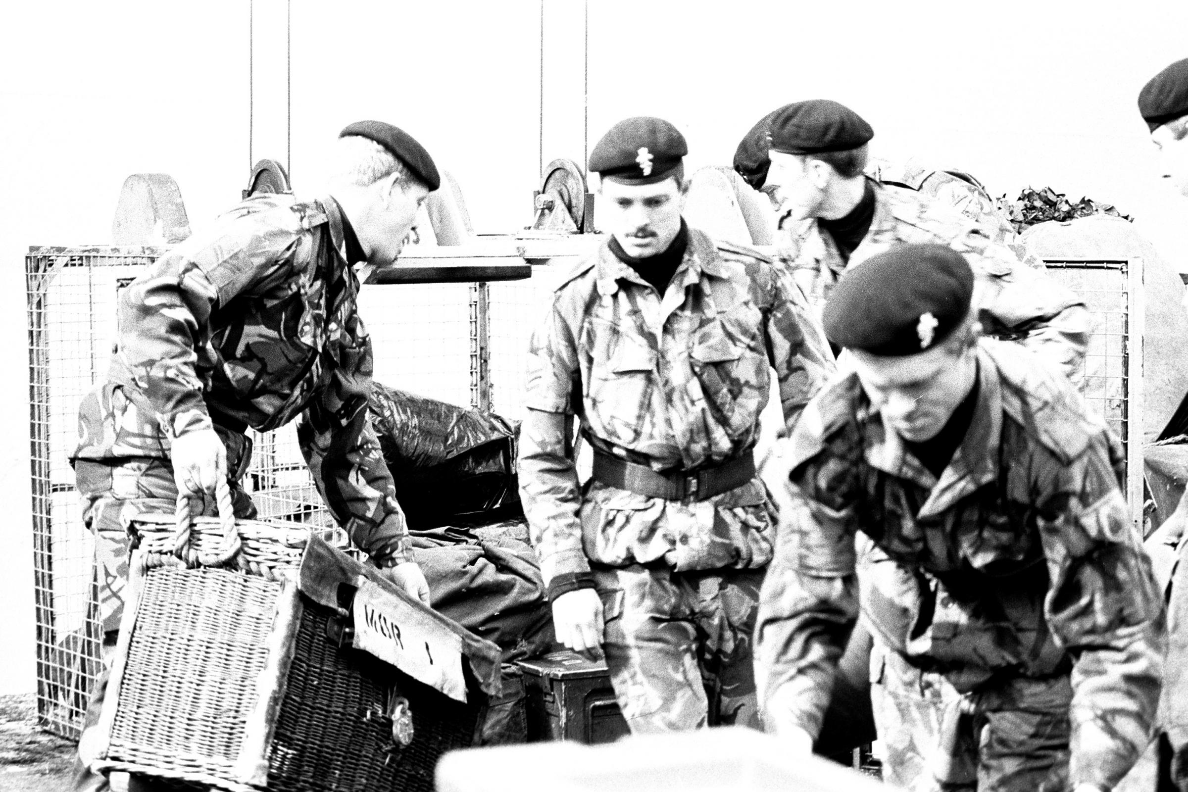 Army supplies being sorted to load onto the Canberra to be taken to the Falklands. 8th April 1982. © THE SOUTHERN DAILY ECHO ARCHIVES. Ref - 4972h