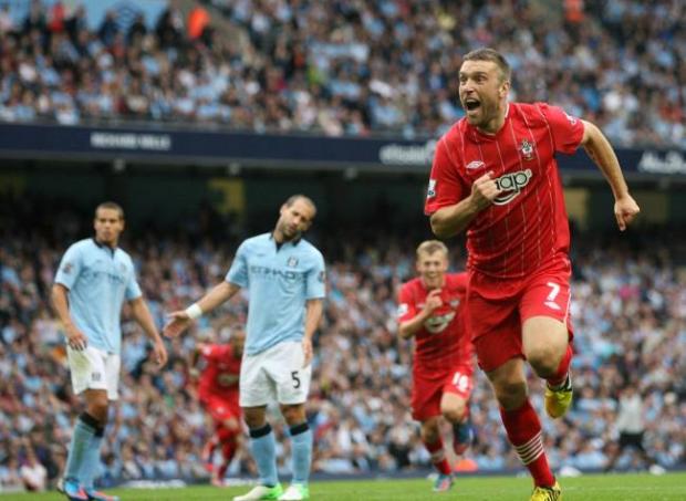 Daily Echo: Rickie Lambert celebrates his goal at Manchester City. Image by: PA