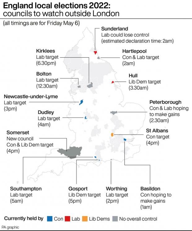 Daily Echo: England local elections 2022: councils to watch outside London (PA Graphics)