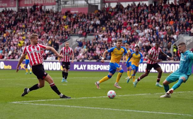 Daily Echo: Ajer scores Brentford's third goal. Image by: PA