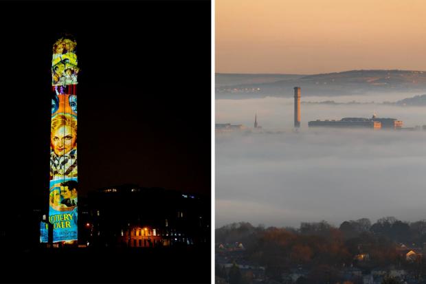 Daily Echo: Photo via T&A Camera Club members Rais Hasan (left) and Dave Zdanowicz (right). Left image shows the Lister Mills' chimney lit up for a light show in March and the right image shows the mill’s chimneys against a calming, cloudy backdrop of the district.