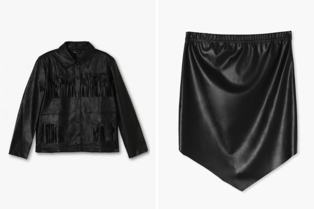 Daily Echo: (Left) Fringe Faux Leather Jacket and (right) Pointed Hem PU Mini Skirt in black (Boohoo/Canva)