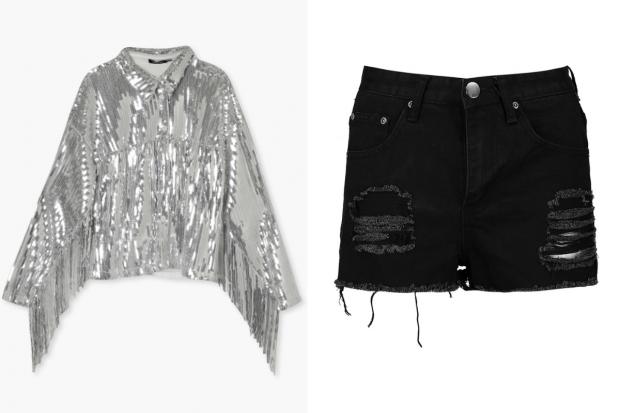 Daily Echo: (Left) Sequin Fringe Detail Shirt and (right) Petite High Rise Distressed Denim Shorts (Boohoo/Canva)