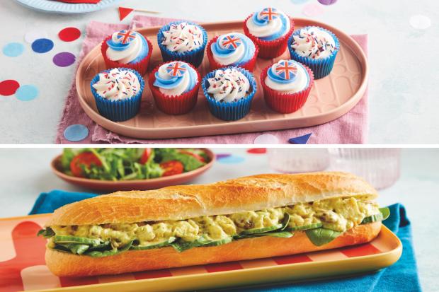 Daily Echo: (Top) Jubilee Cupcake Platter (bottom) Coronation Chicken Baguette (Morrisons/Canva)