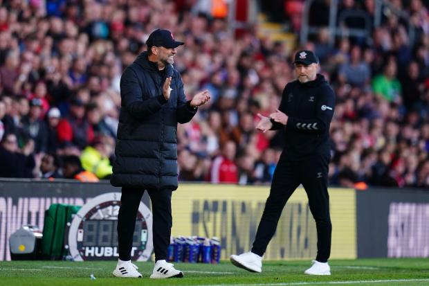 Liverpool manager Jurgen Klopp and Southampton manager Ralph Hasenhuttl (right) on the touchline during the Premier League match at St Mary's Stadium, Southampton. Picture date: Tuesday May 17, 2022.