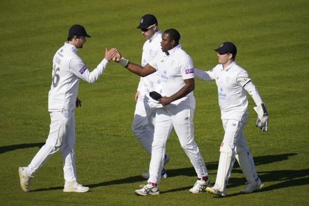 Hampshire's Keith Barker (second right) celebrates with his team mates after taking the wicket of Somerset's .Marchant de Lange during day one of the LV= County Championship Division One match at The Ageas Bowl, Southampton. PA Photo. Picture