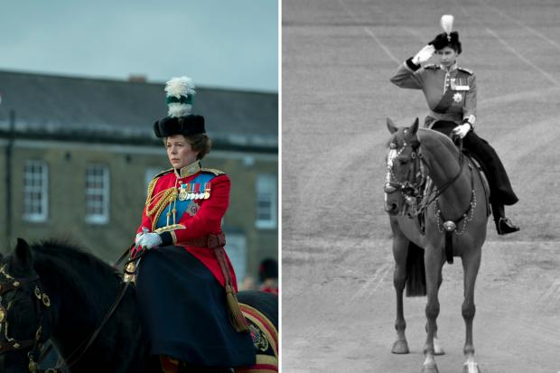 Daily Echo: Queen Elizabeth II (OLIVIA COLMAN) and Queen Elizabeth II at Trooping the colours. (Des Willie/PA)
