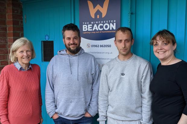Editor of the Hampshire Chronicle Kimberley Barber at the Winchester Beacon on a volunteering day.  Left to right, Michele Price · Chief Executive Officer at The Winchester Beacon, volunteer Paul Braithwaite, resident Andrew and Kimberley Barber