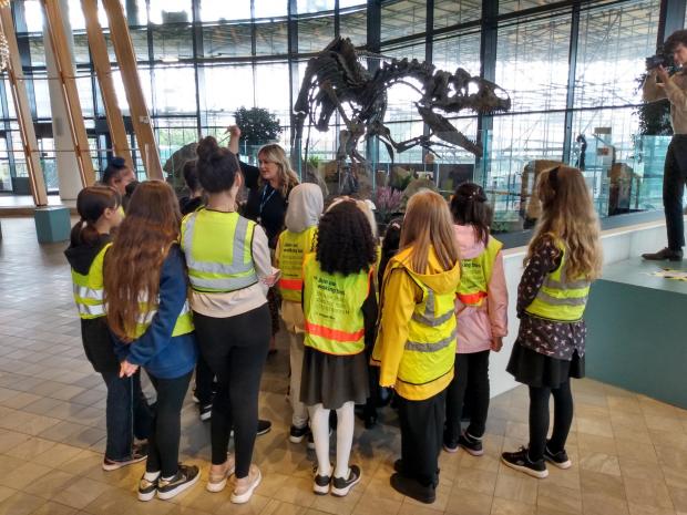 Daily Echo: Children from St John's Primary School visit Big Sara at the Westquay shopping complex.