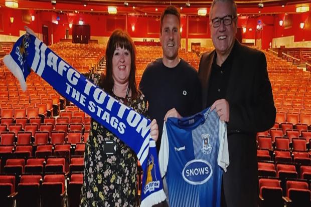 Mayflower Theatre's Sue Pake, Jimmy Ball (AFC Totton Manager) and Mayflower chief executive Michael Ockwell celebrate a new community partnership between the Southampton-based theatre and the Southern League football club.