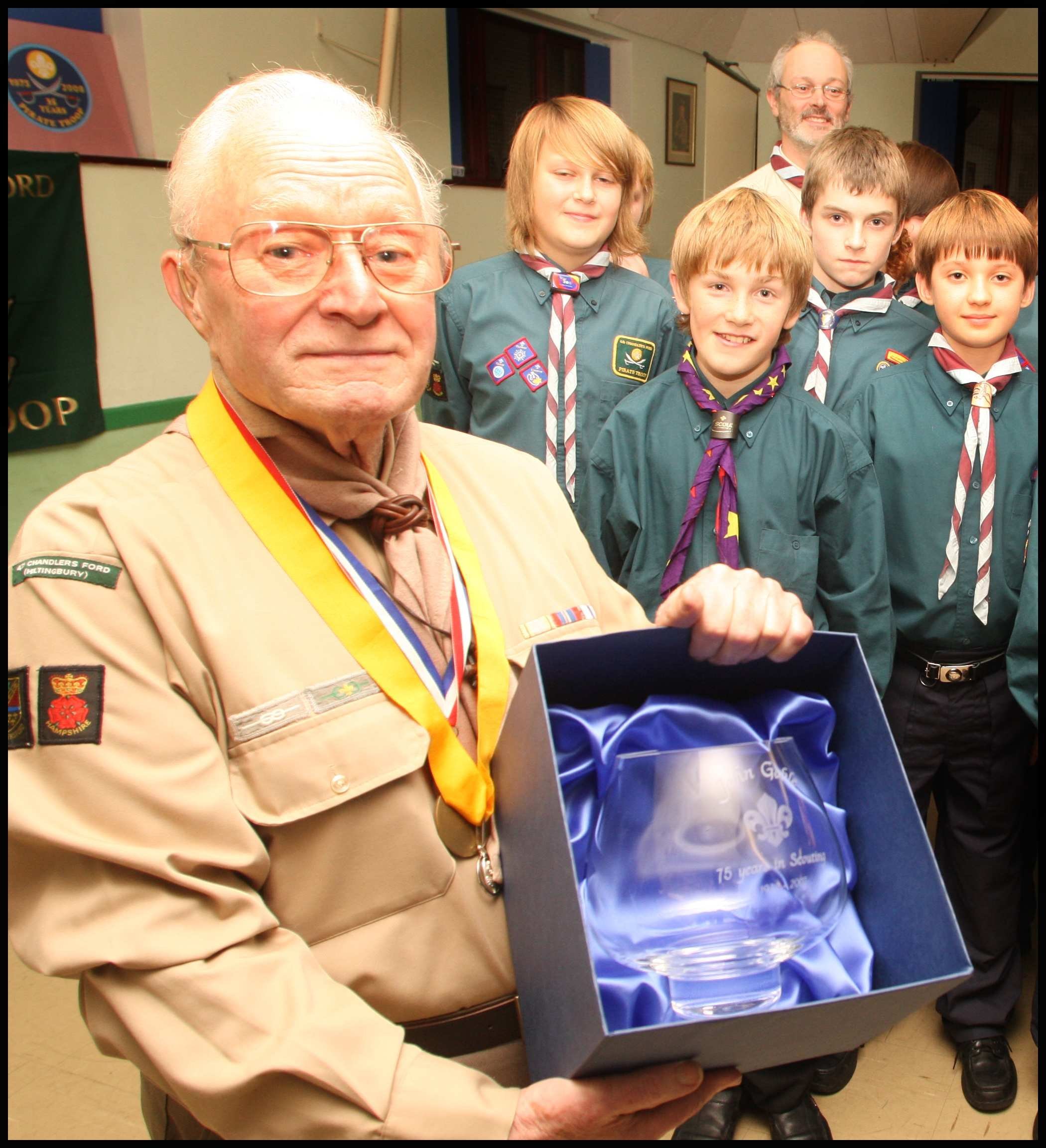 John Golbe 75 years in Scouting recives his award at Chandlers Ford Hiltingbury Scout Group.