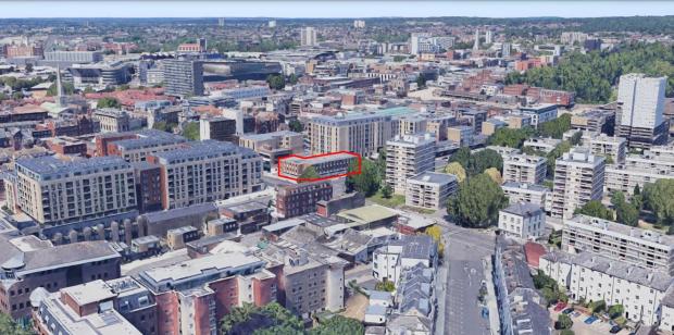 Daily Echo: An aerial image of Southampton, with Queensway House outlined in red. Picture: Dot Architecture.