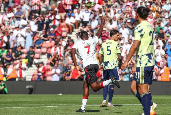Daily Echo: Southampton's Joe Aribo scores Saint’s first goal during the Premier League match between Southampton and Leeds at St Mary's Stadium. Photo by Stuart Martin.. Daily Echo: Southampton's Joe Aribo scores Saint’s first goal during the Premier League match between Southampton and Leeds at St Mary's Stadium. Photo by Stuart Martin..