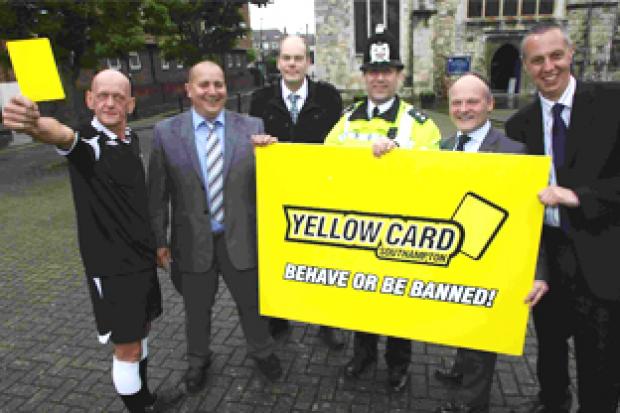 The launch of the Yellow Card Scheme with – from left – Malcolm Goth, Chris Ceaser, Richard Elborough (Licensing Link), Inspector Phil Bates, Councillor Royston Smith and City Centre manager Ian Welland.