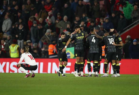 Daily Echo: Aston Villa celebrate their winning goal against Saints. Daily Echo: Aston Villa celebrate their winning goal against Saints.