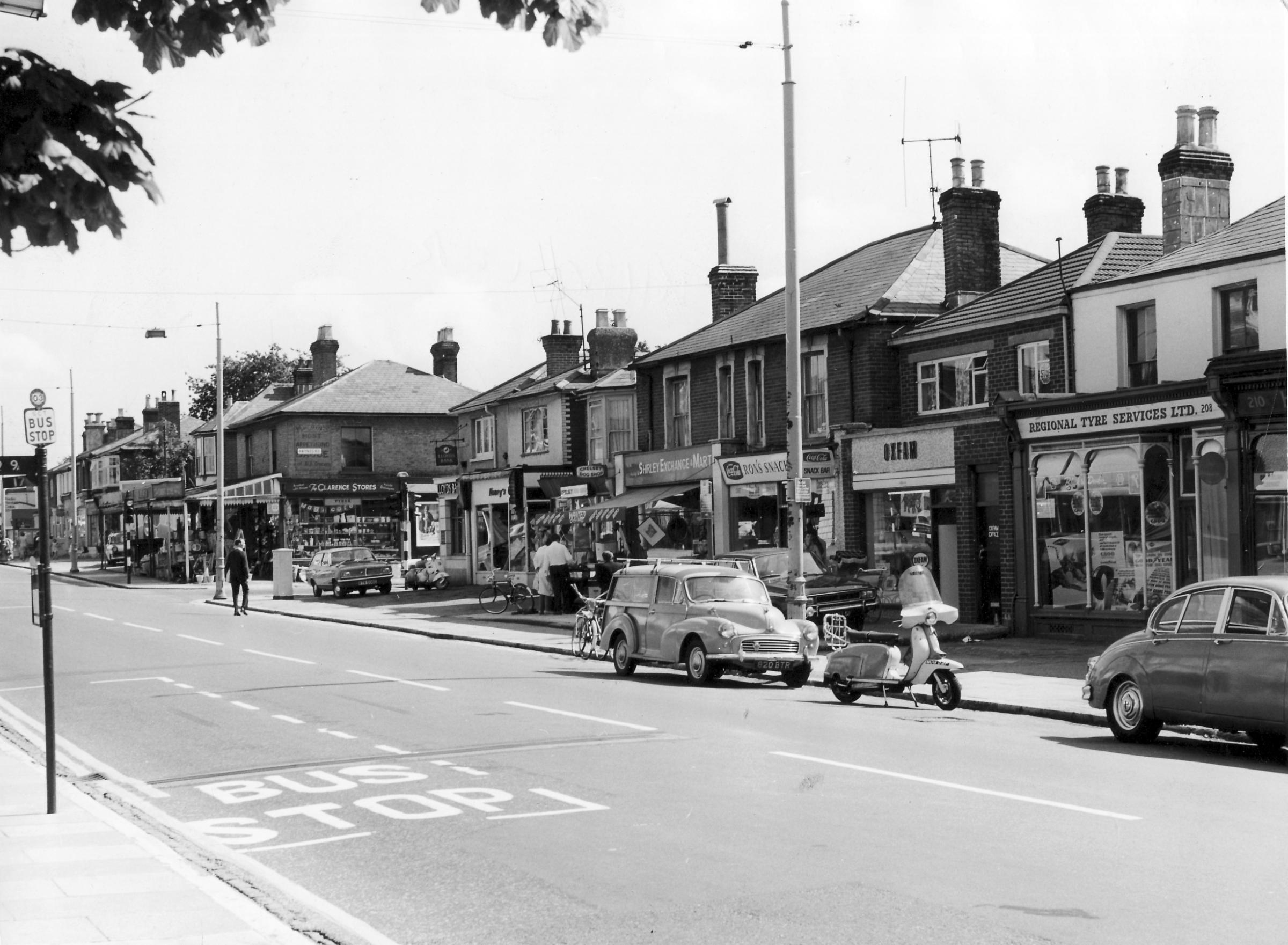 Picture showing Regional Tyre Services Ltd and Oxfam charity shop on Shirley Road. 1971.