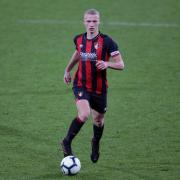 BOURNEMOUTH, ENGLAND - FEBRUARY 26: Brennan Camp of Bournemouth during the FA Youth Cup match between AFC Bournemouth U18 and Manchester City U18 at Vitality Stadium on February 26, 2019 in Bournemouth, England. (Photo by Robin Jones - AFC
