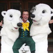 Stephen Mulhern and polar bears at The Mayflower Theatre where they are appearing in Santa Claus and the Return of Jack Frost