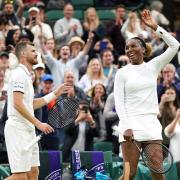 Jamie Murray and Venus Williams celebrate victory in their mixed doubles Wimbledon match against Alicja Rosolska and Michael Venus. Picture: PA