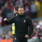 Southampton manager Nathan Jones celebrates his side's first goal, scored by Che Adams, during the Premier League match at Anfield, Liverpool. Picture date: Saturday November 12, 2022.