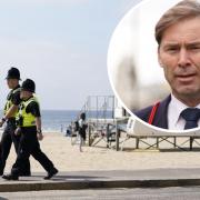 Tobias Ellwood, inset, and a general view of Bournemouth beach