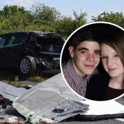 Aaron Law, inset with Alex Britton, has issued a plea after she was killed in an accident in 2021. Pictured: Alex's Astra