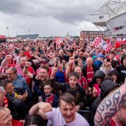 Southampton FC fans celebrate returning to the Premier League at St Marys Stadium, Southampton on Monday, May 27, 2024. Image: Habibur Rahman