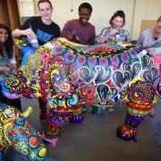 Students at work on the Wessex Heartbeat Go Rhino! sculpture at the Richard Taunton Sixth Form College. Left to right are Mehnaz Rahman, Ryan Young and Emmanuel Robert Owusu-Afram with tutor Aine Rand and Alison Farrell of Wessex Heartbeat.