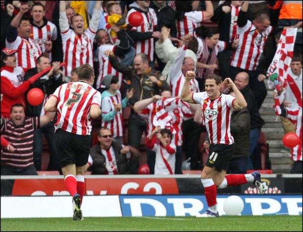 Daily Echo: Billy Sharp celebrates Saints' first goal. Image by: PA