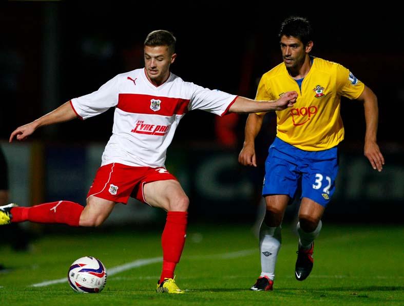 Picture from the Stevenage v Saints game of the Capital One Cup. The unauthorised downloading, editing, copying or distribution of this image is strictly prohibited.
