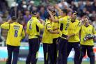 Hampshire celebrate a wicket as they attempted to restrict Surrey’s chase.