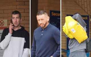 L - R: Ross Manning, Adrian Mullins and Connor Mayhew outside Southampton Crown Court. 22/5/2024