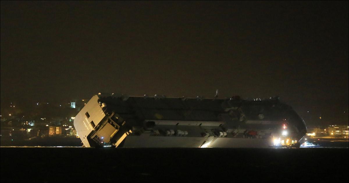 LATEST IMAGES - the Hoegh Osaka ship is now on the move after running aground at Brambles Bank of the Isle of Wight - January 7, 2015. Picture by Robin Jones