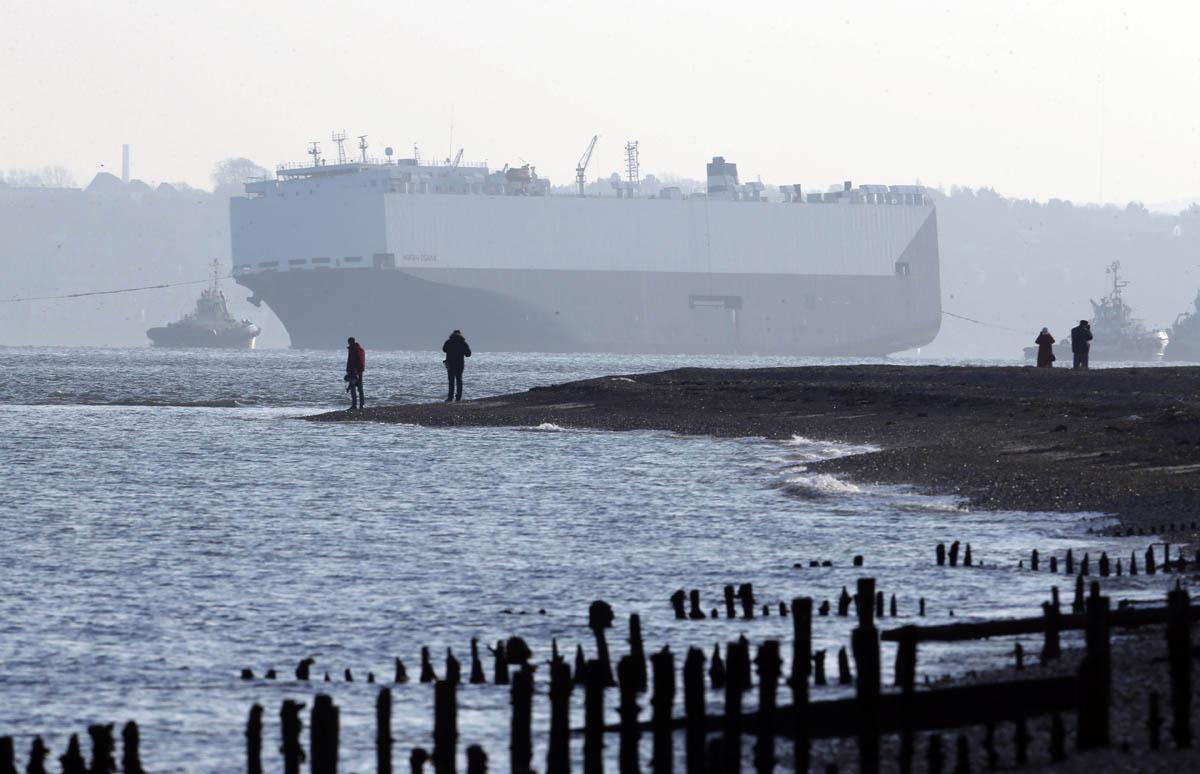 LATEST IMAGES - the Hoegh Osaka ship is now on the move after running aground at Brambles Bank of the Isle of Wight - January 7, 2015.